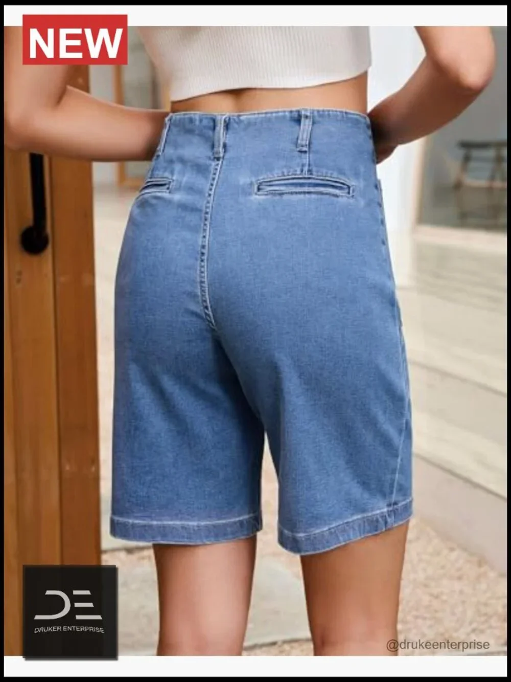 High Waisted Button Fly Bermuda Shorts with Pockets - Women's Stretch Denim